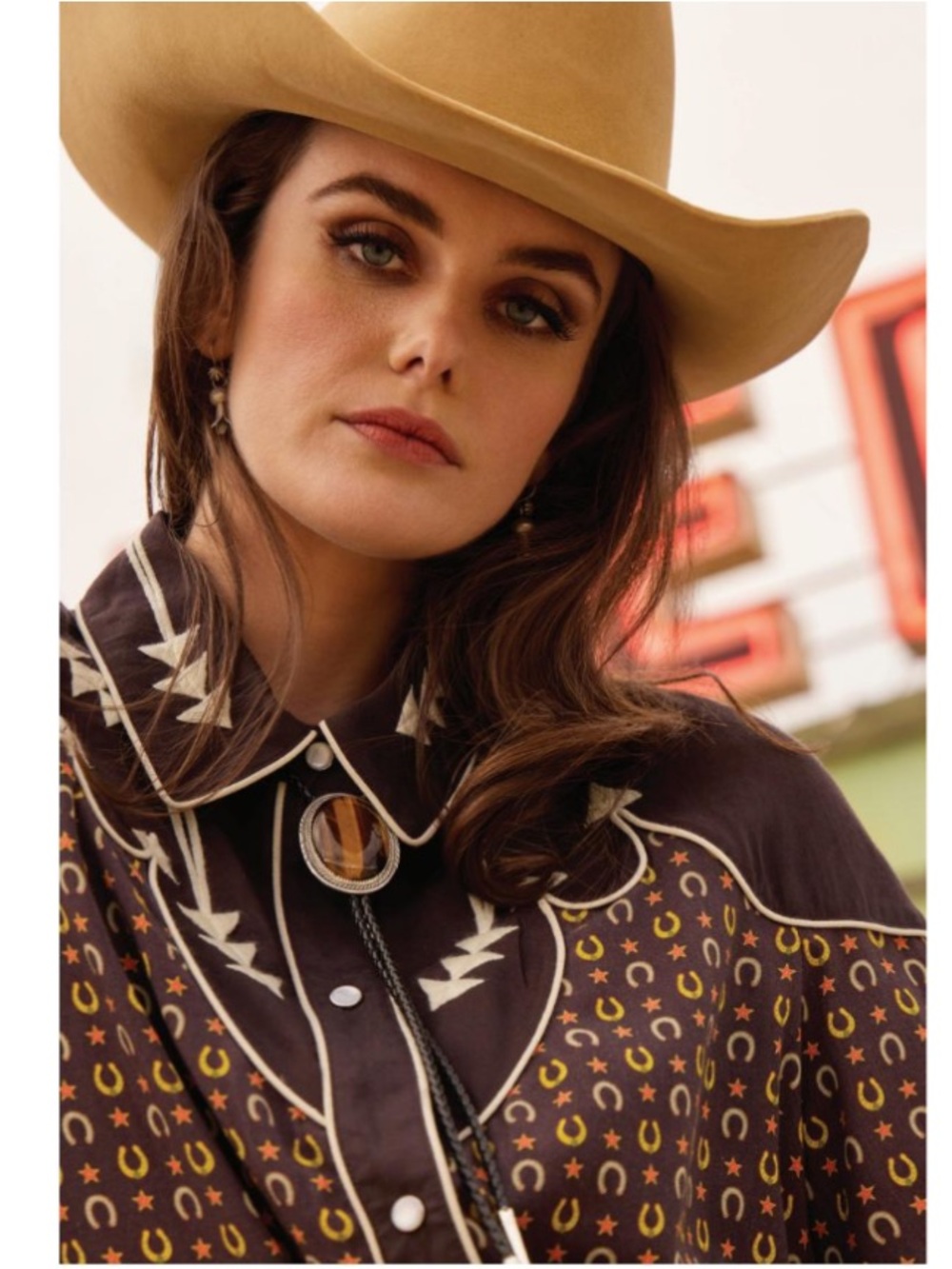 Double D Ranch Pearl Snap Blouse horseshoe print contrasting embroidery L NWOT